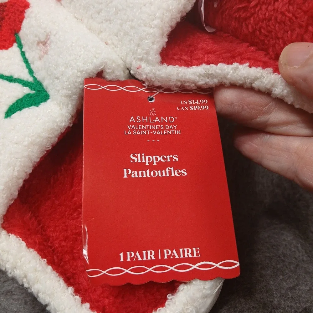 Ashland Slippers Kids Size 3 White Red Cherry Valentine's Day Sherpa House Shoes